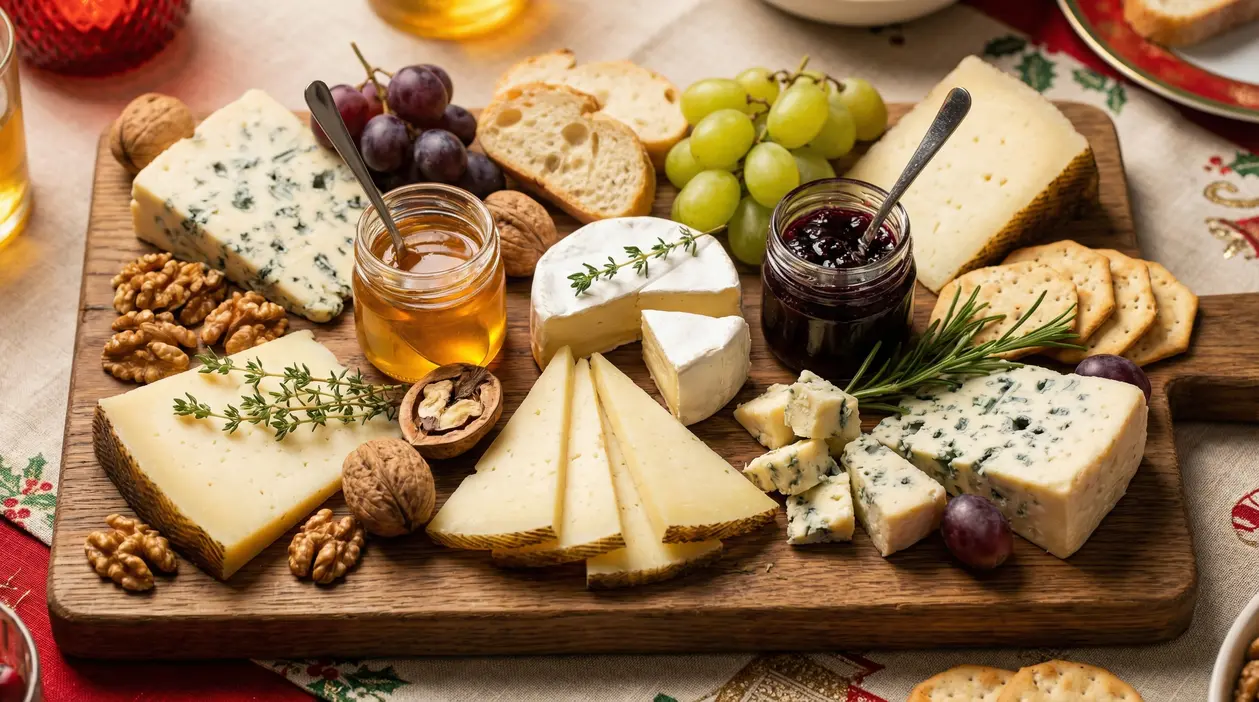 Tagliere natalizio con formaggi misti, miele, marmellata, frutta secca e uva