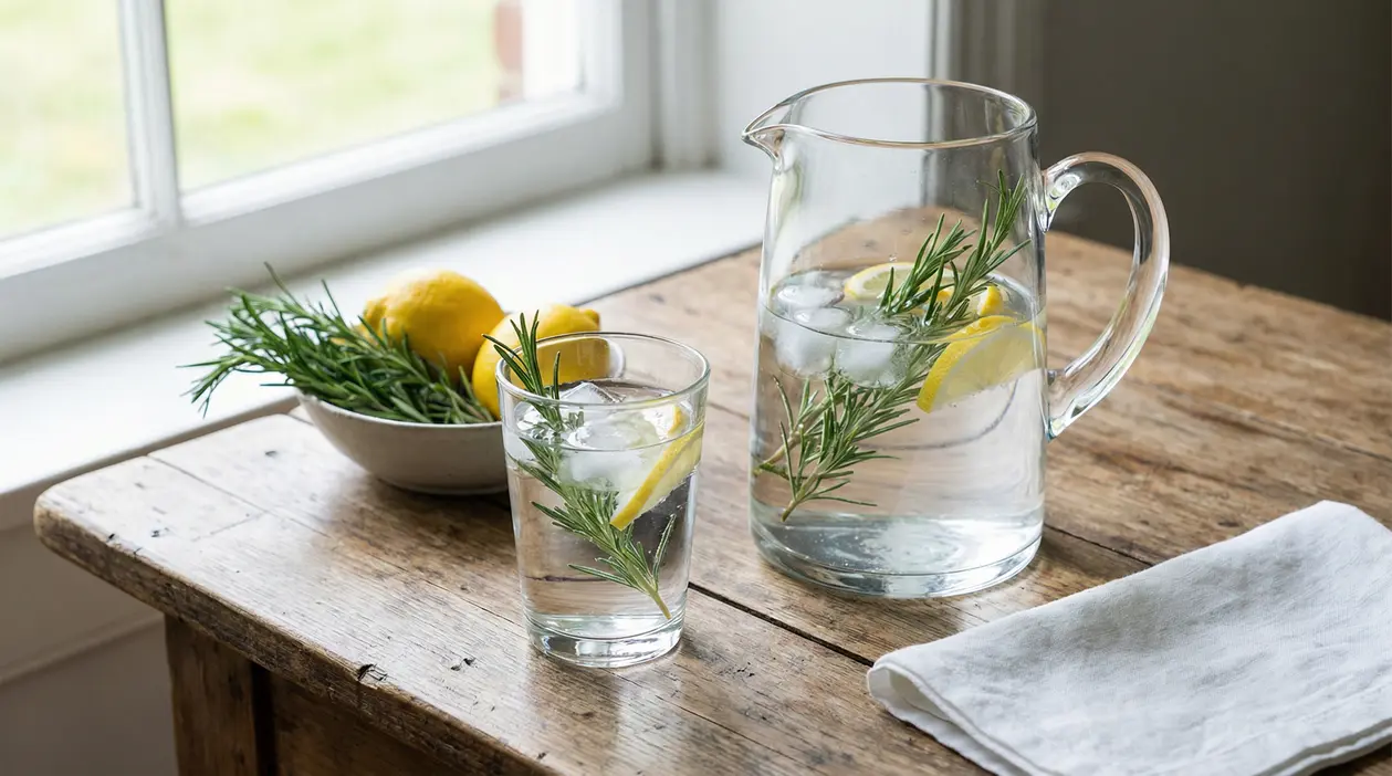 Caraffa e bicchiere d'acqua con rosmarino, limone e ghiaccio su un tavolo di legno