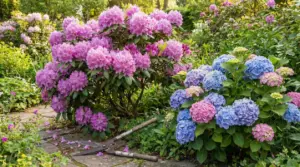 Arbusti fioriti di ortensie e rododendri in un giardino primaverile accanto a cesoie da potatura