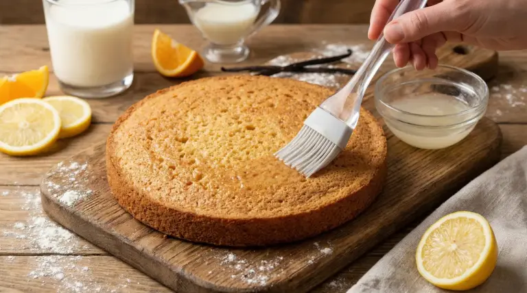 Una mano spennella il Pan di Spagna con una bagna al limone su un tagliere di legno
