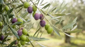 Ramo di ulivo con foglie verdi e olive mature in un uliveto.