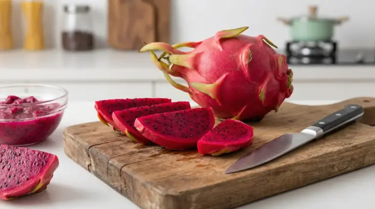 Frutto del drago rosso affettato su un tagliere di legno in cucina