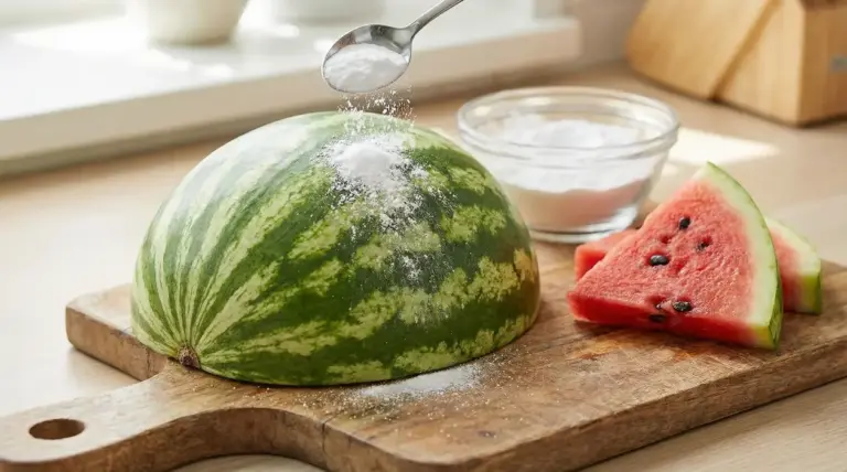 Mezza anguria con bicarbonato sparso sulla buccia, accanto a fette di anguria su un tagliere