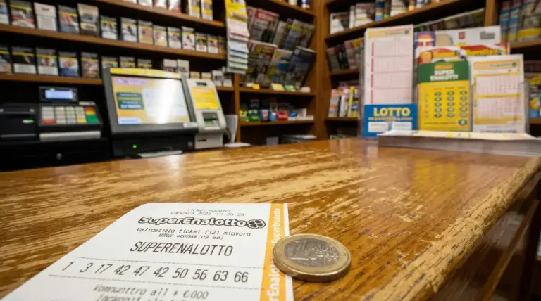 Biglietto del Superenalotto e moneta da un euro su bancone di una tabaccheria