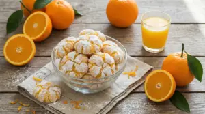 Biscotti all'arancia senza burro in una ciotola di vetro, accanto a arance fresche e succo d'arancia