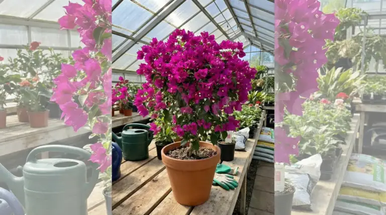 Bouganville in vaso con fiori viola in una serra luminosa