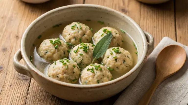 Ciotola di canederli in brodo serviti con erba cipollina e una foglia di salvia