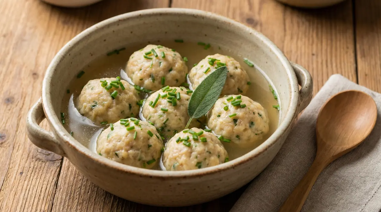 Ciotola di canederli in brodo serviti con erba cipollina e una foglia di salvia