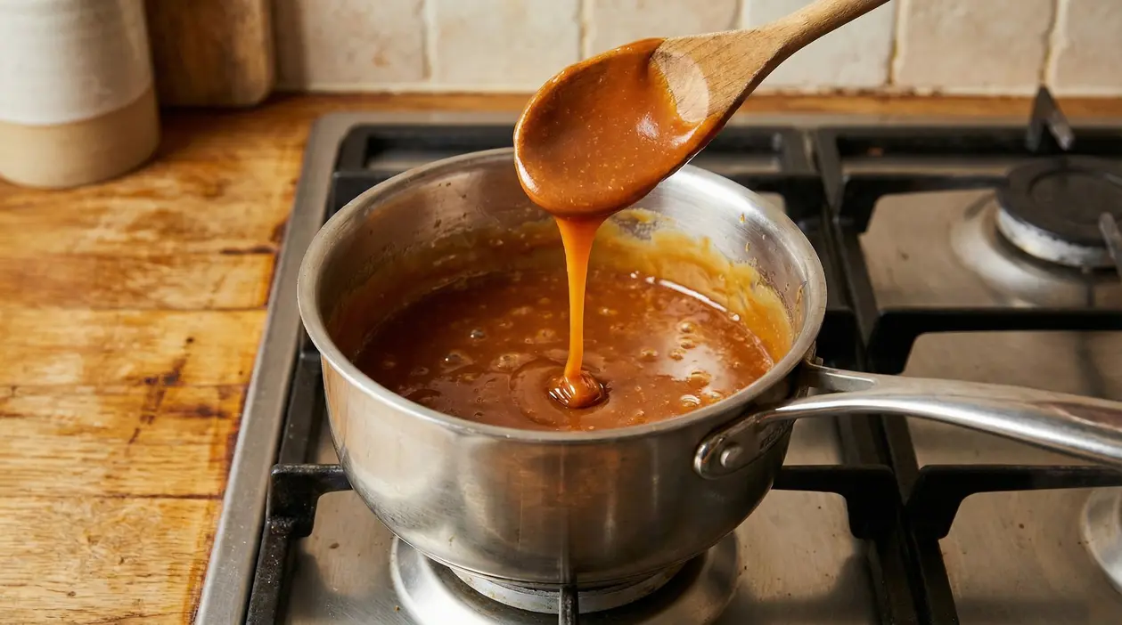 Caramello fatto in casa che cuoce in un pentolino su fornello