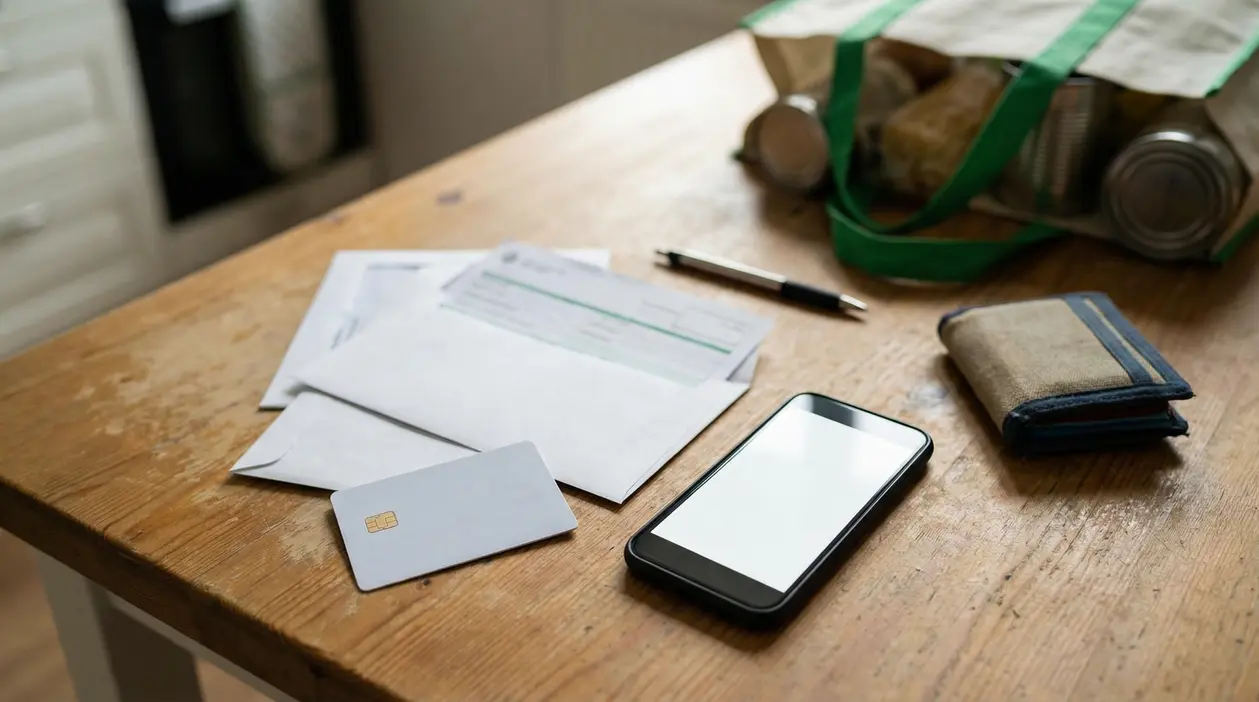 Una carta con chip, documenti, smartphone e portafoglio su un tavolo con borsa della spesa