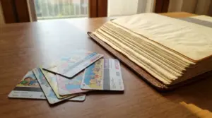 Vecchie carte telefoniche su un tavolo accanto a un raccoglitore