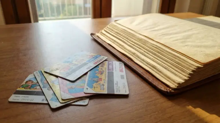 Vecchie carte telefoniche su un tavolo accanto a un raccoglitore