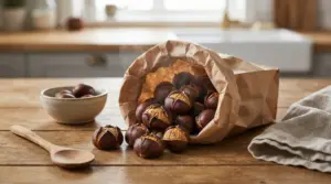Castagne cotte al forno servite in un sacchetto di carta su un tavolo di legno