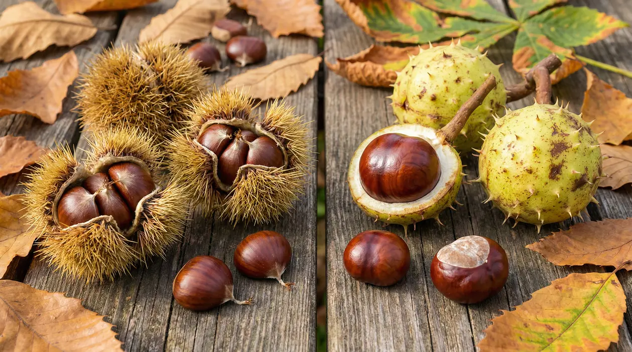 Castagne commestibili e castagne matte a confronto su un tavolo di legno con foglie autunnali