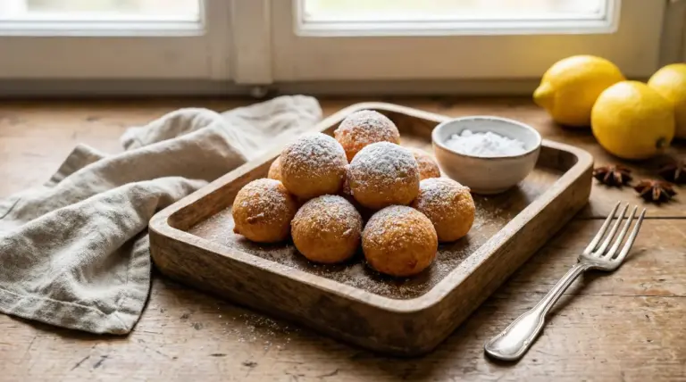 Castagnole al forno servite su un vassoio di legno, spolverate con zucchero a velo