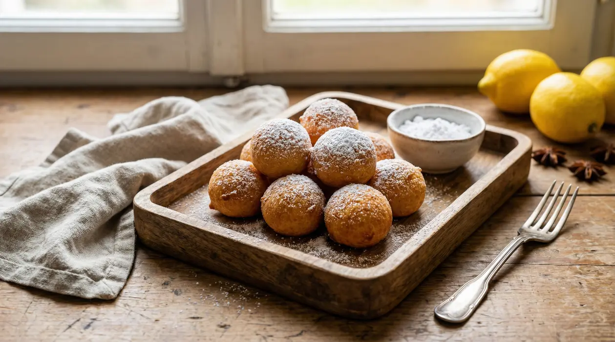 Castagnole al forno servite su un vassoio di legno, spolverate con zucchero a velo