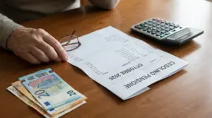 Una persona controlla il cedolino della pensione con banconote, occhiali e calcolatrice su un tavolo
