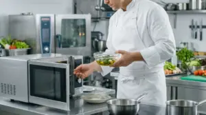 Cuoco in cucina professionale mentre inserisce una ciotola in un forno a microonde