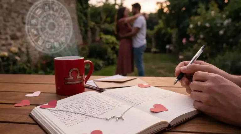 Taccuino con cuori di carta, tazza con simbolo zodiacale e coppia abbracciata sullo sfondo