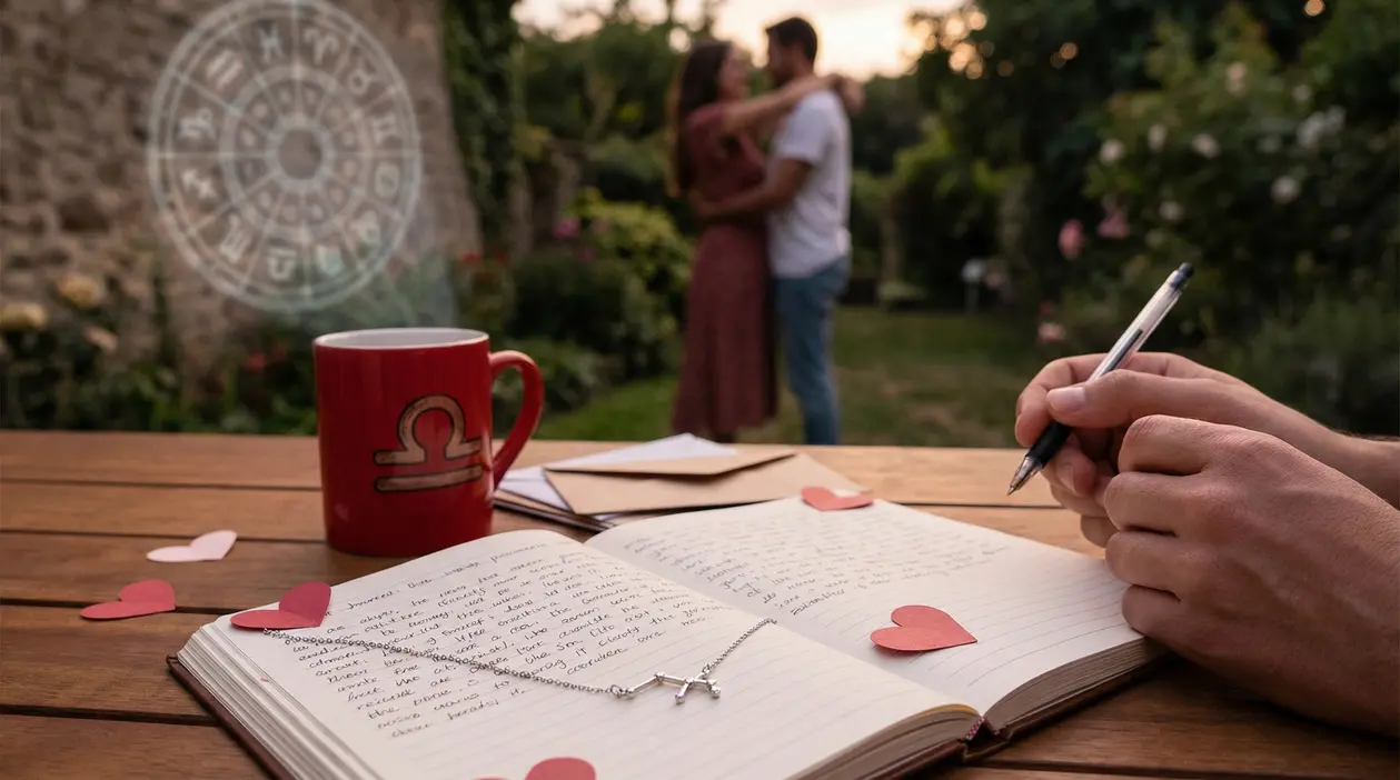 Taccuino con cuori di carta, tazza con simbolo zodiacale e coppia abbracciata sullo sfondo
