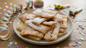 Chiacchiere di Carnevale senza burro e uova su un piatto, decorate con zucchero a velo