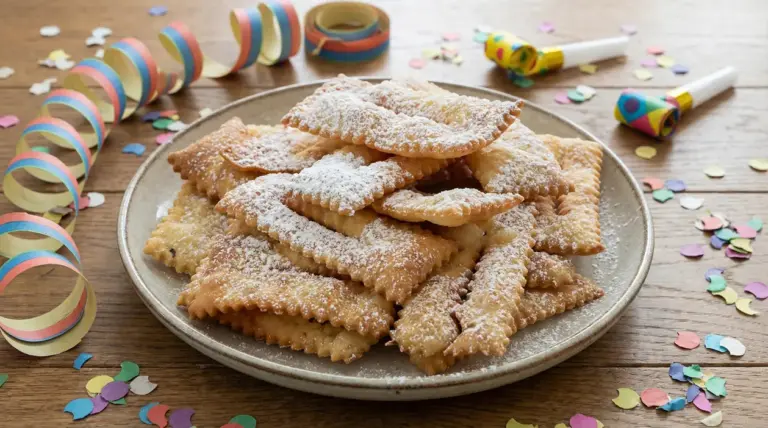 Chiacchiere di Carnevale senza burro e uova su un piatto, decorate con zucchero a velo