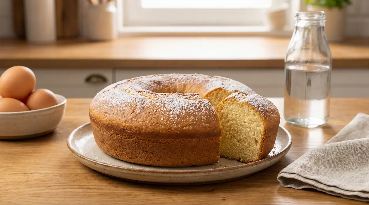 Ciambellone all'acqua soffice con zucchero a velo su un piatto in cucina