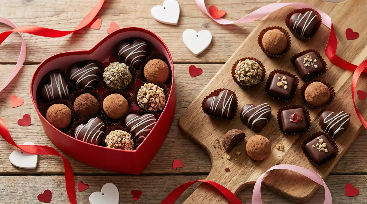 Cioccolatini assortiti in una scatola a forma di cuore e su un tagliere di legno, decorati per San Valentino