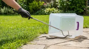 Persona con guanto cattura una biscia in giardino con strumento e contenitore trasparente