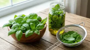 Foglie di basilico fresche in una ciotola, in un barattolo con olio e in un colino su un tavolo di legno