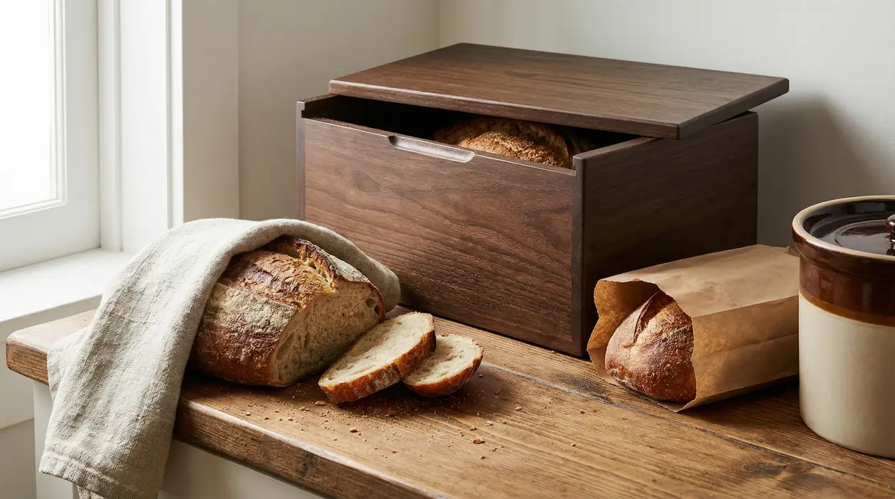 Pane croccante affettato su un tavolo accanto a una scatola di legno per la conservazione