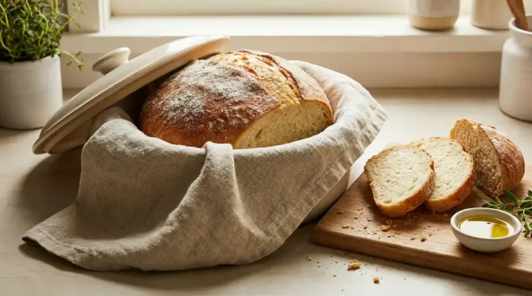 Pane fresco in una ciotola coperta da un panno, affiancato da fette su un tagliere con olio d'oliva