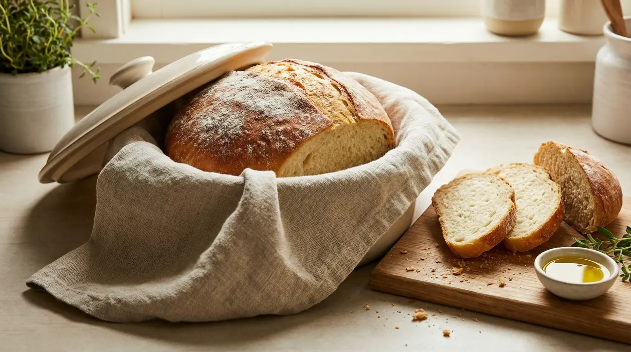 Pane fresco in una ciotola coperta da un panno, affiancato da fette su un tagliere con olio d'oliva