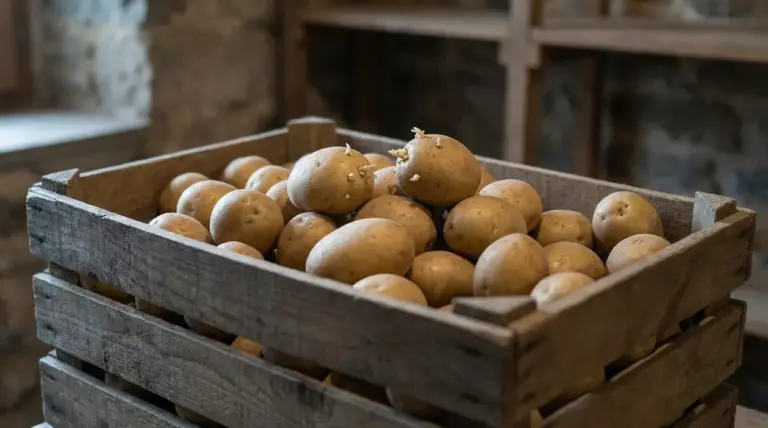 Cassetta di patate con alcuni tuberi che iniziano a germogliare
