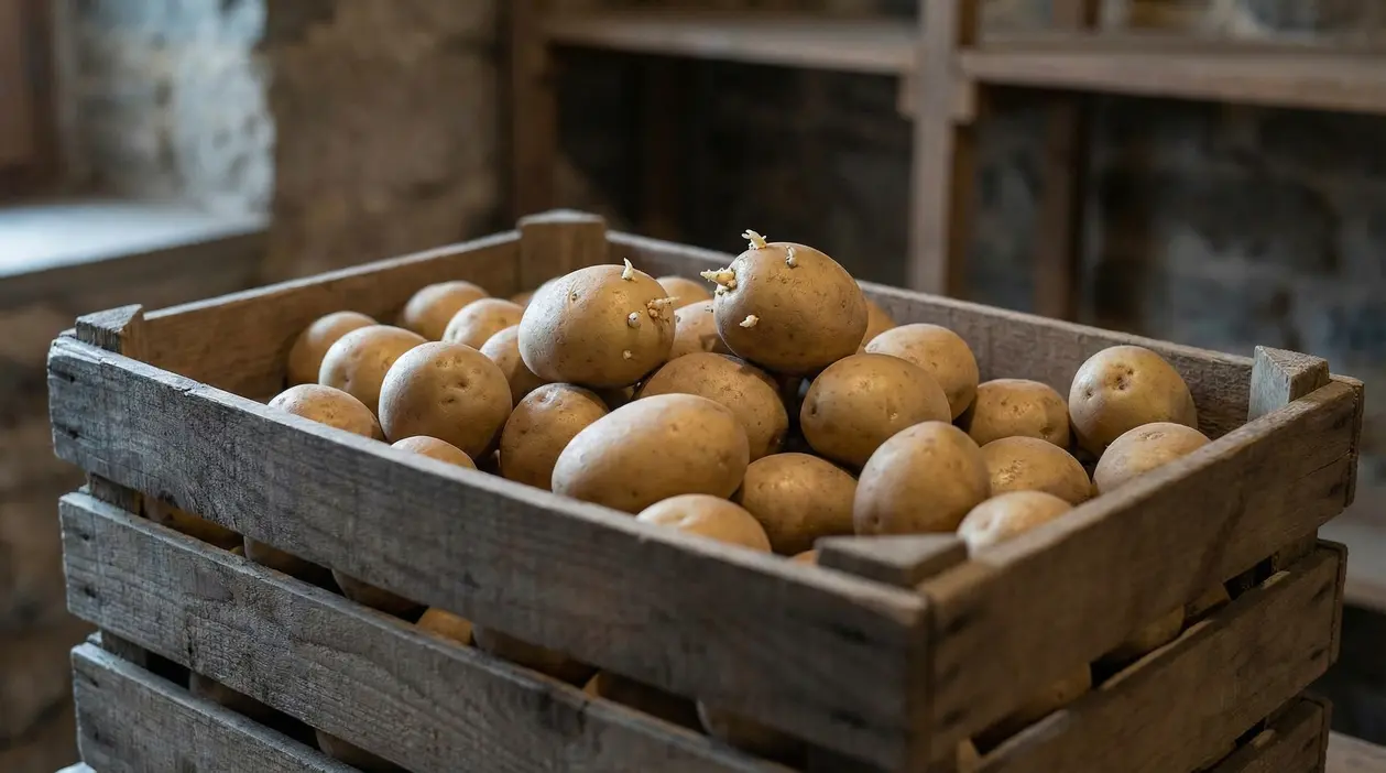 Cassetta di patate con alcuni tuberi che iniziano a germogliare