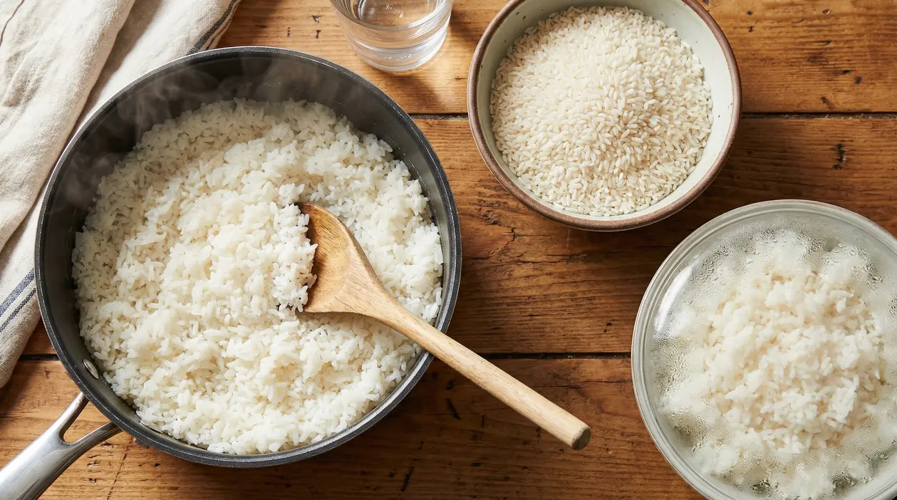 Riso cotto in una pentola con cucchiaio di legno, vicino a ciotole con riso crudo e riso in ammollo