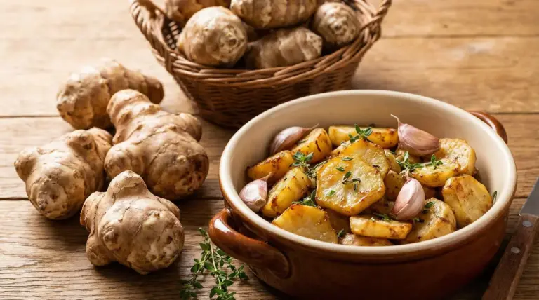 Topinambur crudo e cotto in una ciotola, accompagnato da aglio e erbe aromatiche