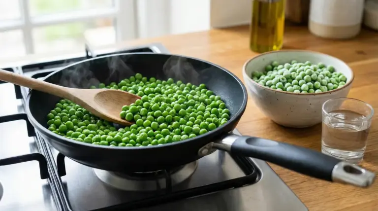 Piselli surgelati che cuociono in padella con un cucchiaio di legno su fornello acceso