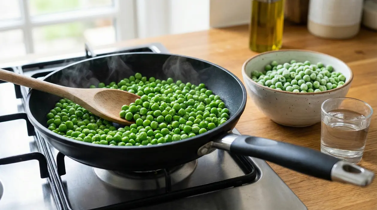 Piselli surgelati che cuociono in padella con un cucchiaio di legno su fornello acceso
