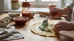 Mani che farciscono una crespella con ricotta e spinaci su un tavolo da cucina