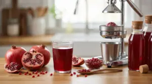 Succo di melograno fresco in un bicchiere, con frutti e spremiagrumi sullo sfondo