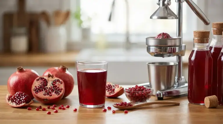 Succo di melograno fresco in un bicchiere, con frutti e spremiagrumi sullo sfondo