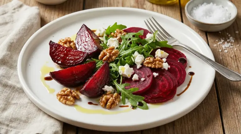 Insalata di barbabietole con rucola, noci e formaggio su piatto bianco