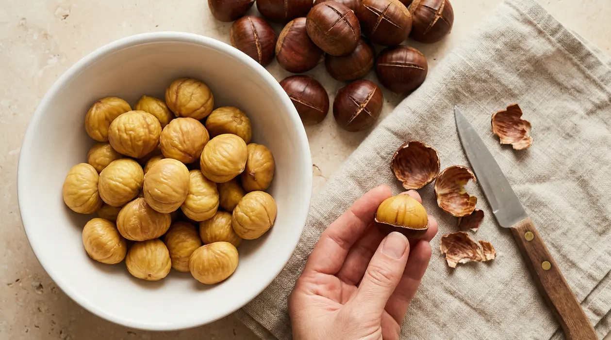 Castagne pelate in una ciotola con mano che tiene una castagna sbucciata