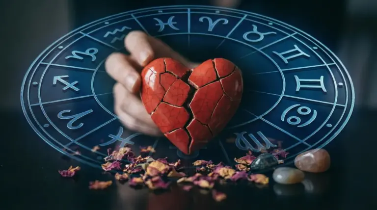 Mano che tiene un cuore spezzato al centro di un cerchio zodiacale con simboli astrologici