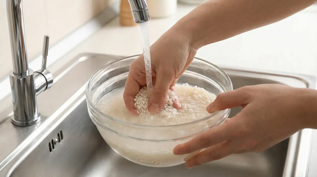 Una persona sciacqua il riso sotto acqua corrente in una ciotola di vetro