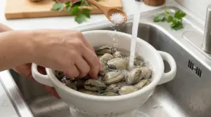 Mani che lavano le vongole sotto l'acqua corrente con aggiunta di sale in un colapasta