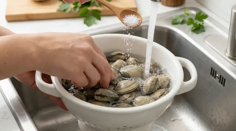 Mani che lavano le vongole sotto l'acqua corrente con aggiunta di sale in un colapasta
