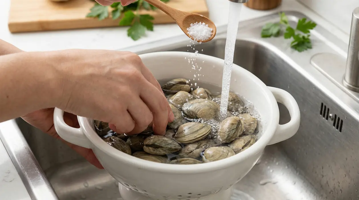 Mani che lavano le vongole sotto l'acqua corrente con aggiunta di sale in un colapasta