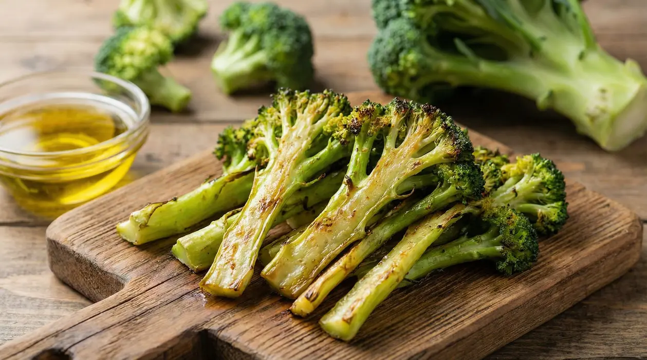 Gambi di broccoli cotti su un tagliere di legno con una ciotolina di olio d'oliva